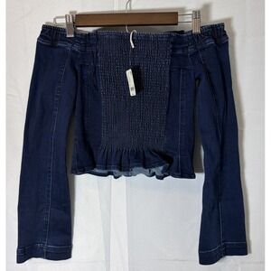 New Free People Up and Go Top Boho Western Off Shoulder Denim Crop Top XS